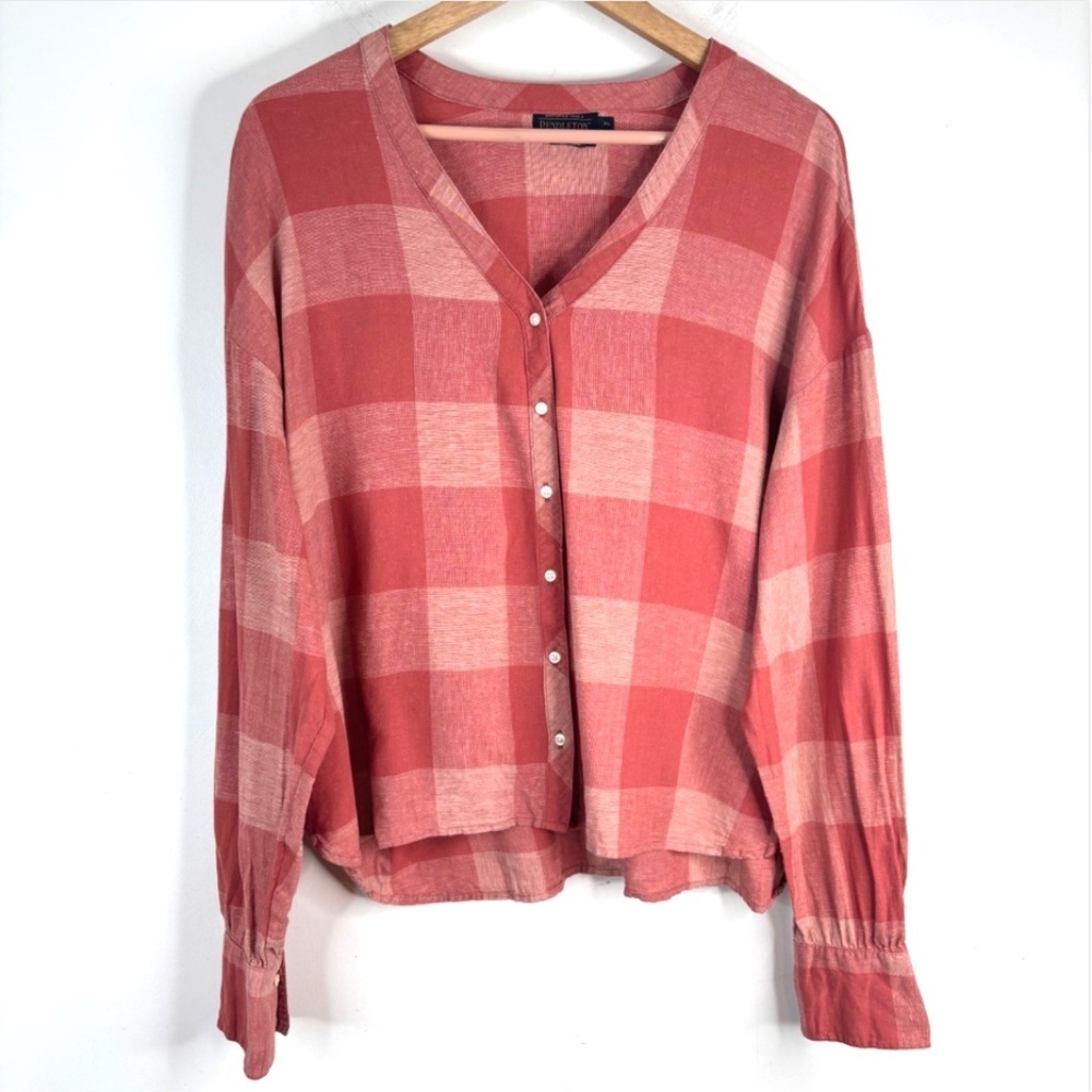 Pendleton Linen Blouse XL Balloon Sleeve Coral Rust Plaid Cottage Coastal Beach